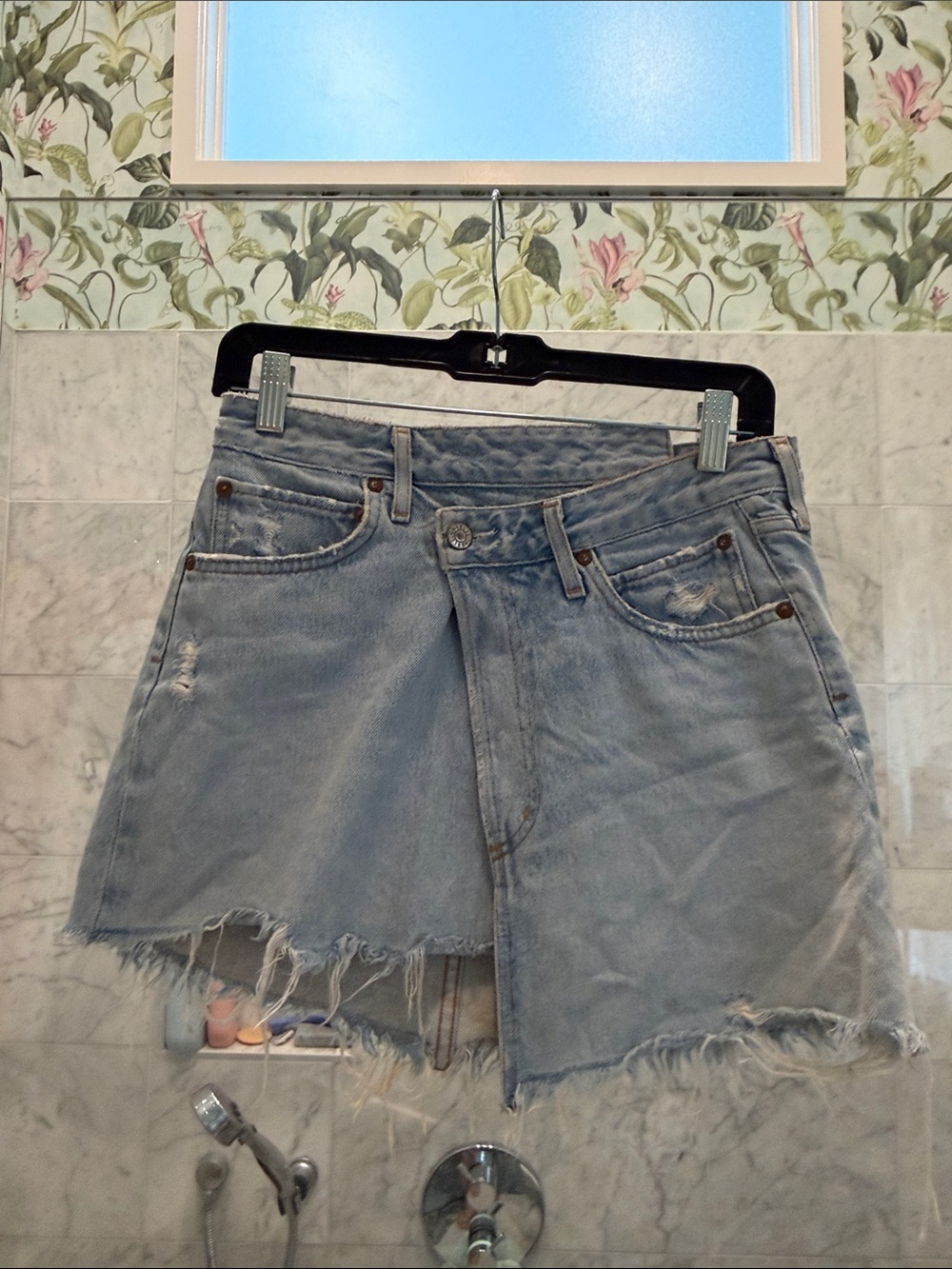Agolde criss cross Light Blue Distressed Denim Skirt